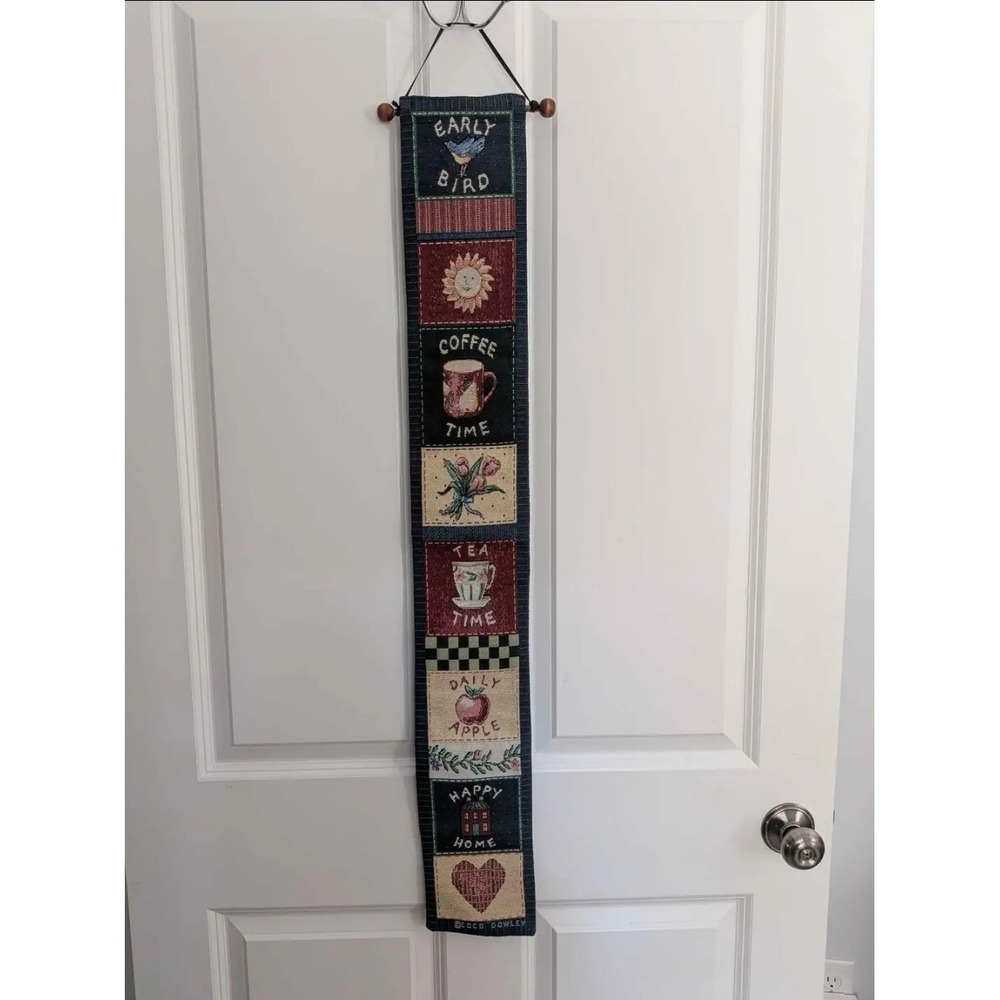 Vtg Coco Dowley Rise & Shine Bell Pull Hanging Wall Banner Tapestry Coffee Tea